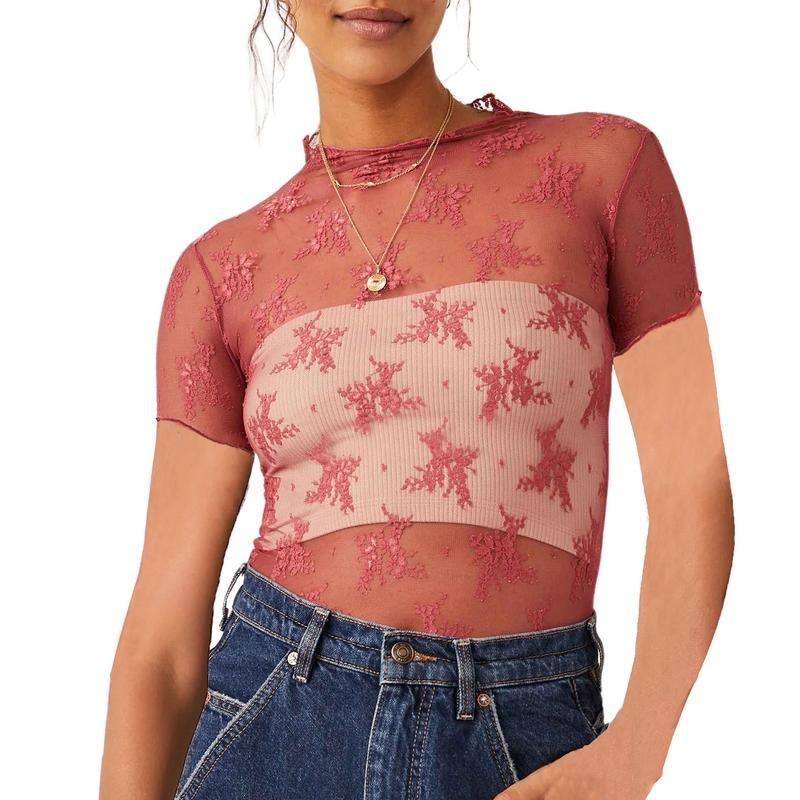 Women Lace Top, Crew Neck Short Sleeve See-through Summer Sheer T-shirt Clubwear Hoodie, Sweatshirt | HypeDripTees.com