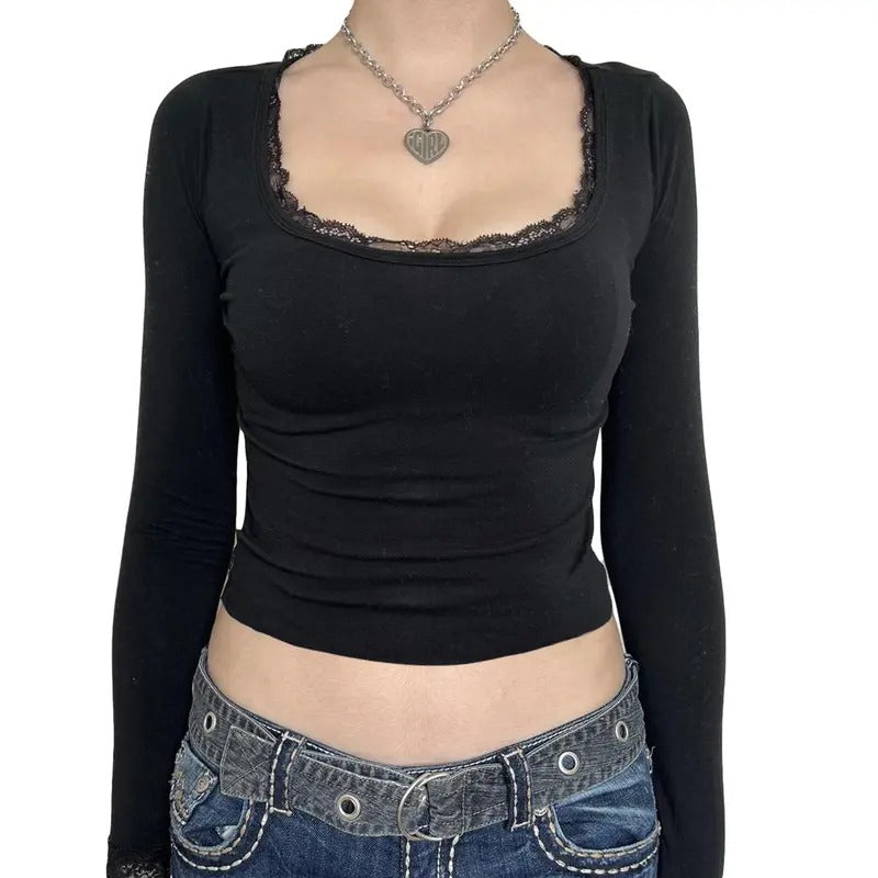 Women Lace Trim Short T-Shirts U-Neck Long Sleeve Shirts Spring Fall Slim Fit Tops Streetwear Spandex Womenswear Hoodie,...