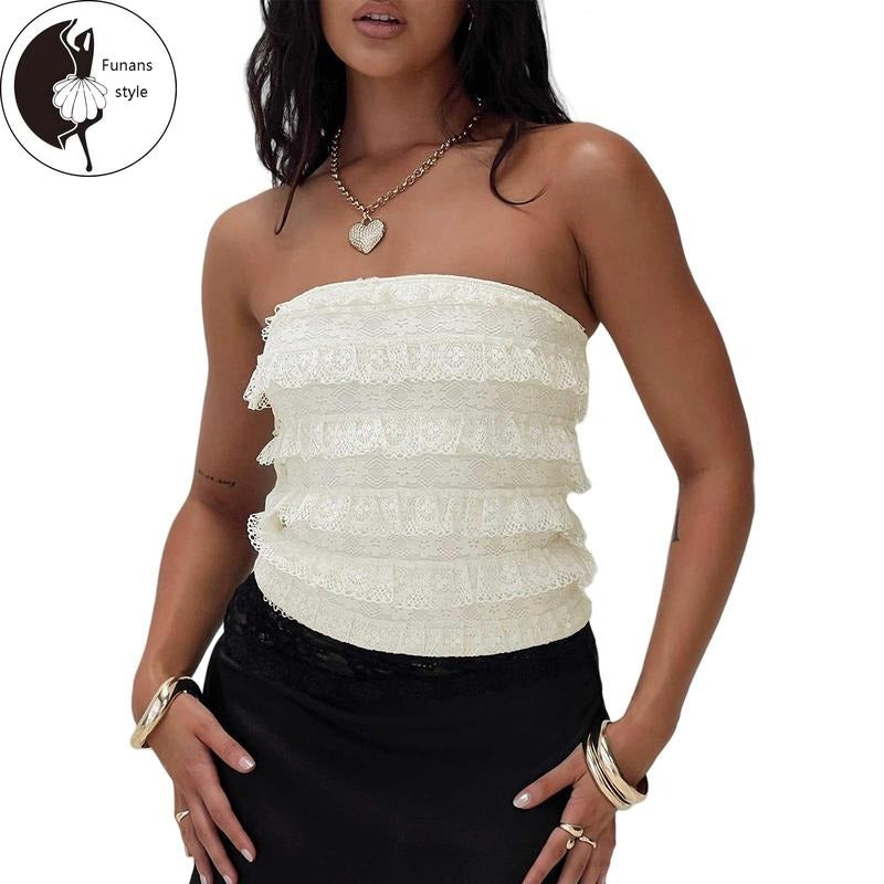 Women Lace Tube TopsFlower Off Shoulder Sleeveless Layered Ruffle Crop Shirts Summer Streetwear Hoodie, Sweatshirt