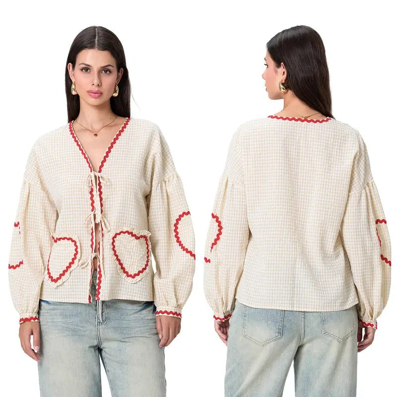 Women Long Sleeve Shirt Casual Plaid Print V-Neck Tie Front Tops Basic Blouses for Club Streetwear Aesthetic Clothes