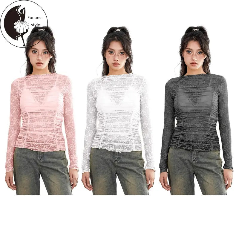 Women Long Sleeve Tops Sheer Floral Lace Ruched Basic Shirt Casual Pullover for Fall Club Streetwear Aesthetic Clothes