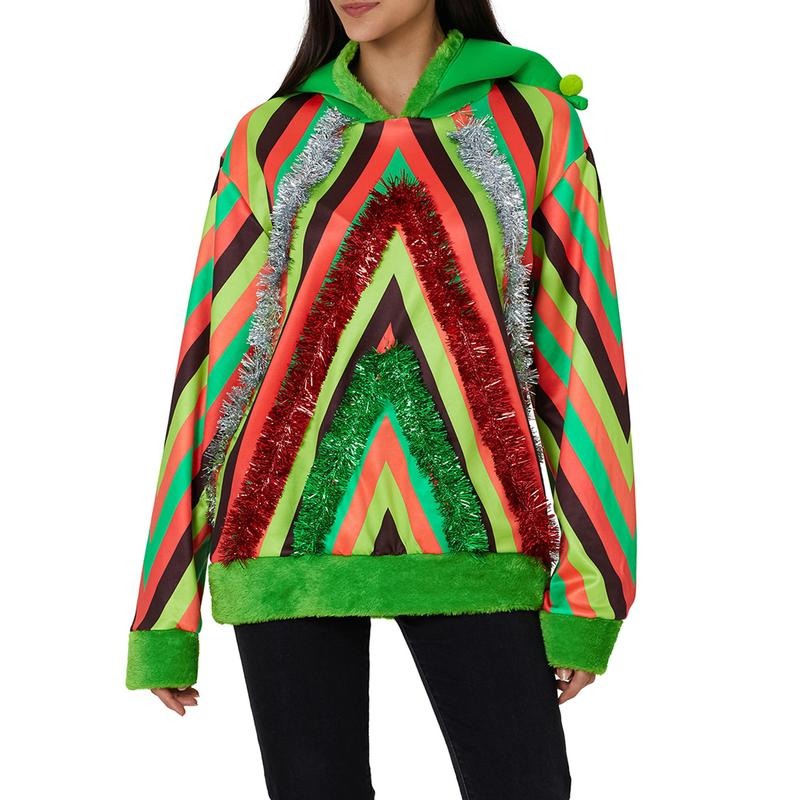 Women Men Christmas Hoodie, Long Sleeve Tree Hooded Sweatshirt Contrast Color Cosplay Costume T-Shirts | HypeDripTees.com