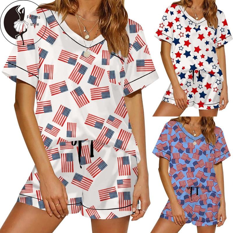 Women Pajama Set, Flags Stars Print Short Sleeve V-neck T-shirt with Shorts Sleepwear Loungewear Hoodie, Sweatshirt