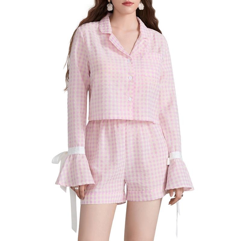 Women Plaid Pajama Set, Long Sleeve Tie-up Button Closure Shirt with Shorts Sleepwear Loungewear Hoodie, Sweatshirt