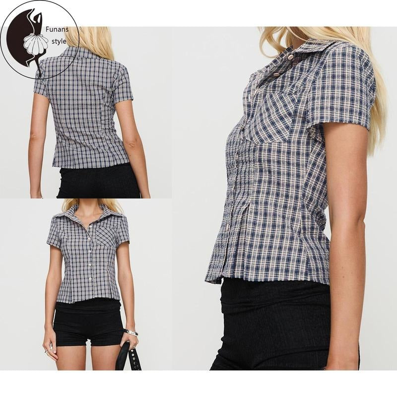 Women Plaid Shirt, Short Sleeve Button Closure Summer Tops Streetwear for Casual Daily Hoodie, Sweatshirt | HypeDripTees.com