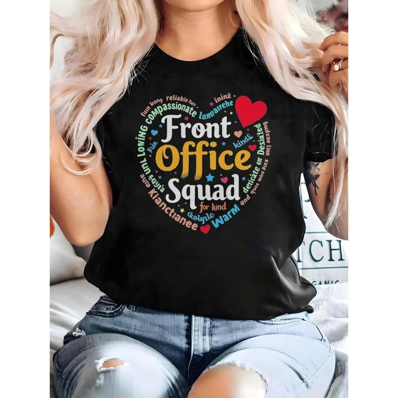 Women'S 100% Casual T-Shirt with Colorful Heart Print & Front Office Squad Graphic