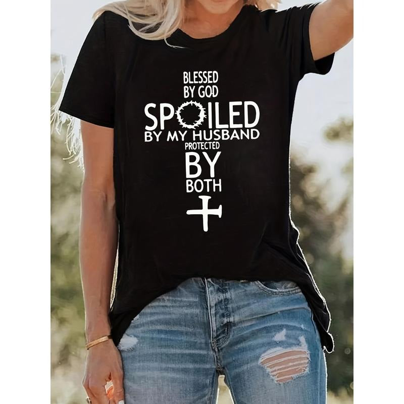 Women'S Casual Cotton T-Shirt with "Blessed by God, Spoiled by Husband, Protected by Both" Print