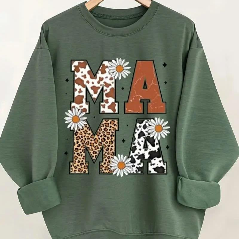 Women'S Casual Crew Neck Sweatshirt with Leopard & Cow Print "MAMA" Graphic T-Shirts, Hoodie | HypeDripTees.com