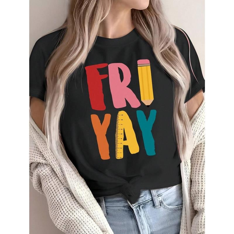 Women'S Casual Friday Pencil Print Slim Fit Round Neck Short Sleeve T-Shirt Hoodie, Sweatshirt | HypeDripTees.com