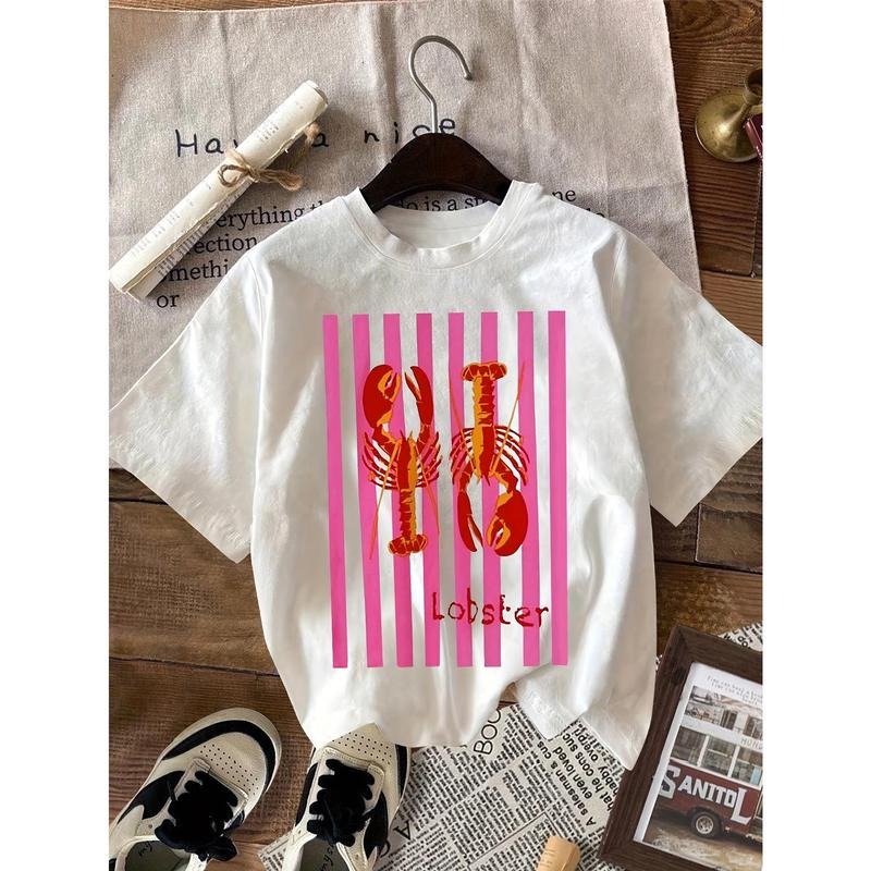 Women'S Casual Round Neck Lobster Print Short Sleeved T-shirt, Summer Casual T-shirt, Short Sleeved, Suitable For All...