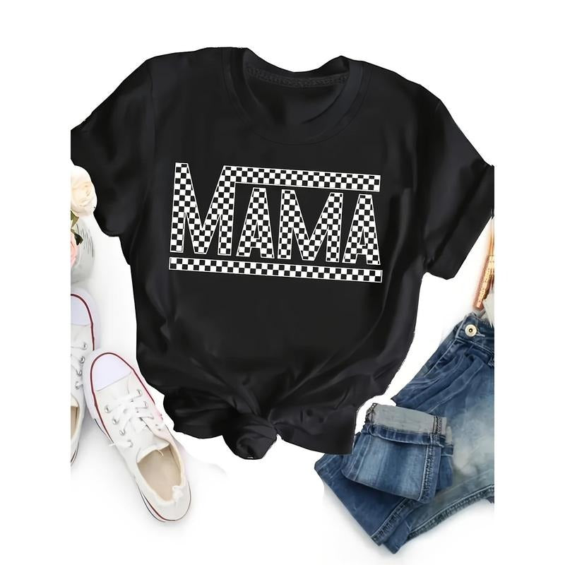 Women'S Chic Letter Mama Print Tee - Comfy, Casual Short Sleeve Crew Neck T-shirt for Everyday Wear & Stylish Layering...