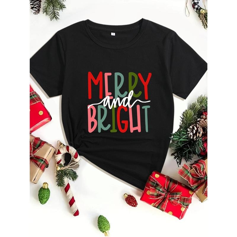 Women'S Christmas Merry and Bright Print Casual T-Shirt, Dacron and Spandex Blend, Crew Neck, Short Sleeve, Slight...
