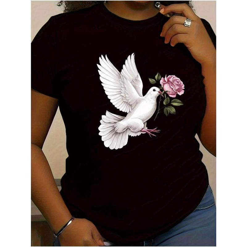 Women'S Peace Dove and Rose Graphic T-Shirt - Black Short Sleeve Casual Tee Shirt