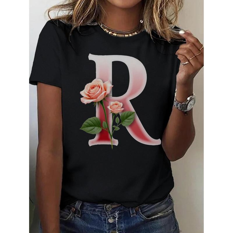 Women'S Rose Letter Print T-Shirt 100% Casual Short Sleeve Crew Neck Romantic Gift Top Hoodie, Sweatshirt | HypeDripTees.com