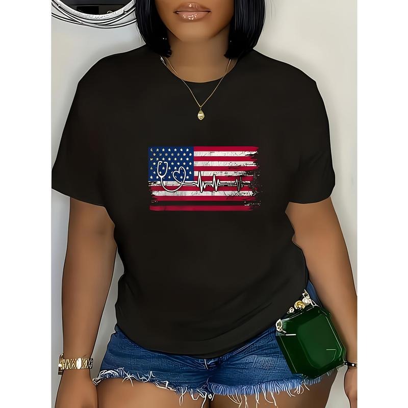 Women'S Round Neck Short Sleeves American Flag Graphic T-Shirt - Black Hoodie, Sweatshirt | HypeDripTees.com