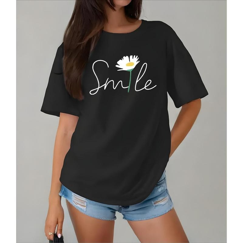 Women'S Summer T-Shirt- Relaxed Fit Short Sleeve Round Neck Casual Top with Daisy& Smile Graphic Print, Black& White,...