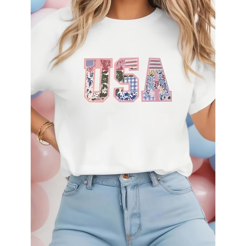 Women'S Vintage Floral USA Flag T-Shirt - Casual Round Neck, Short Sleeve, Knit, Regular Fit, All-Season Fashion Tee...