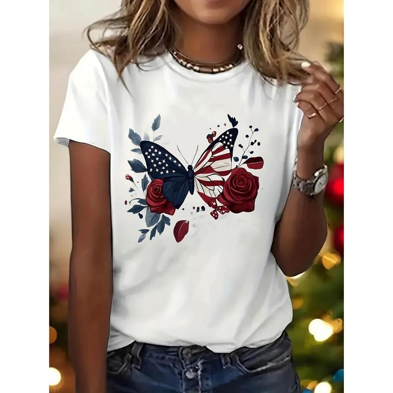 Women'S white T-shirt Patriotic Eagle and Flag Print T Shirt High Quality Casual Short Sleeves Round Neck Comfortable...