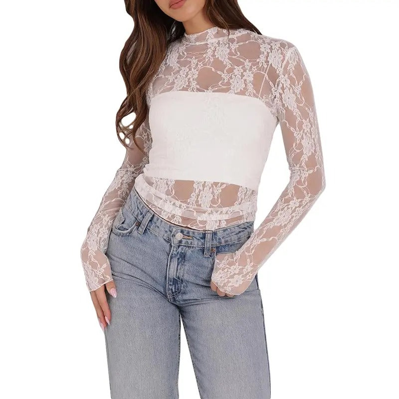 Women Sheer Tops Floral Lace Mock Neck Long Sleeve Casual T-Shirts for Parties Beach Hoodie, Sweatshirt | HypeDripTees.com
