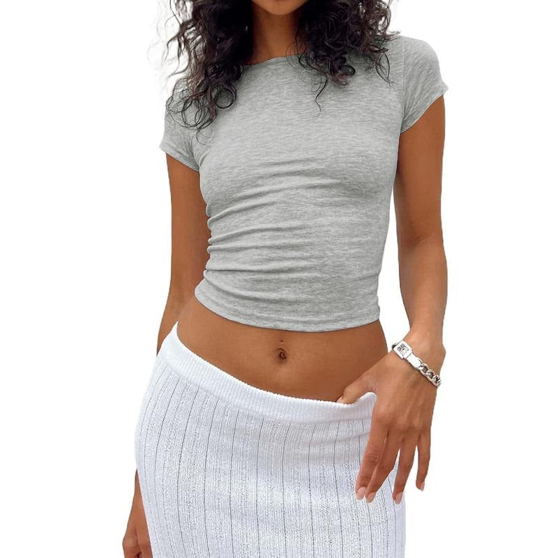 Women Short Sleeve Crop Tops Solid Color Crew Neck Slim Fit T-Shirts Summer Exposed Navel Shirts Streetwear Womenswear...