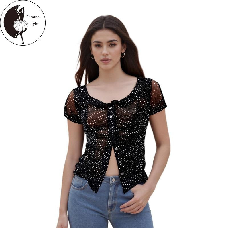 Women Short Sleeve Shirts Dot Print Doll Collar Button Down Blouses Summer Casual Tops Streetwear Hoodie, Sweatshirt