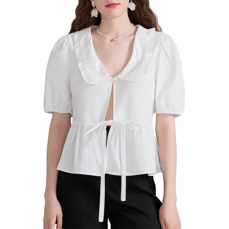 Women Short Sleeve Shirts Solid Color Doll Collar Front Bowknot Tie-Up Fashion Blouses Summer Casual Tops Cotton...