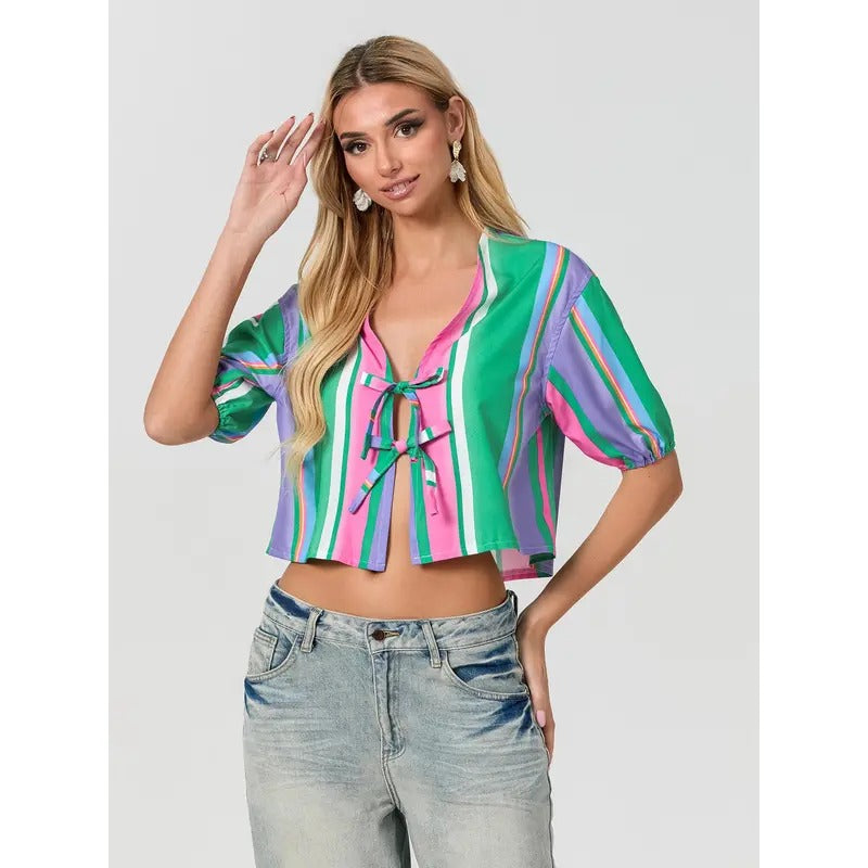Women Short Sleeve Shirts Stripe Tie-Up Front Fashion Blouses Summer Casual Tops Streetwear Cotton Light Hoodie, Sweatshirt