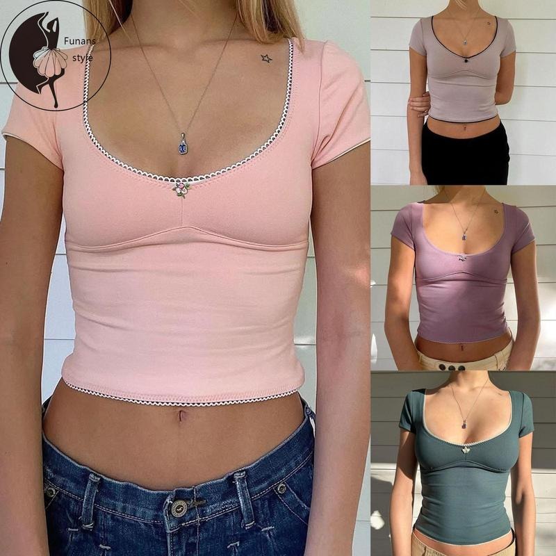Women Short Sleeve T-Shirts Lace Trim Scoop Neck Casual Shirts SummerFit Tops Streetwear Hoodie, Sweatshirt