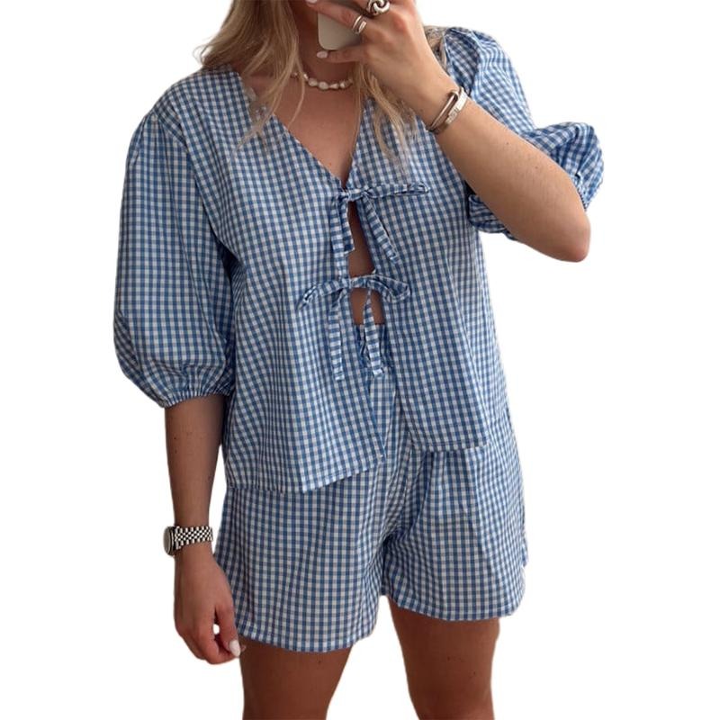 Women Shorts Set, Short Sleeve V Neck Tie-up T-shirt with Elastic Waist Shorts Plaid Summer Outfit Fashion Womenswear...