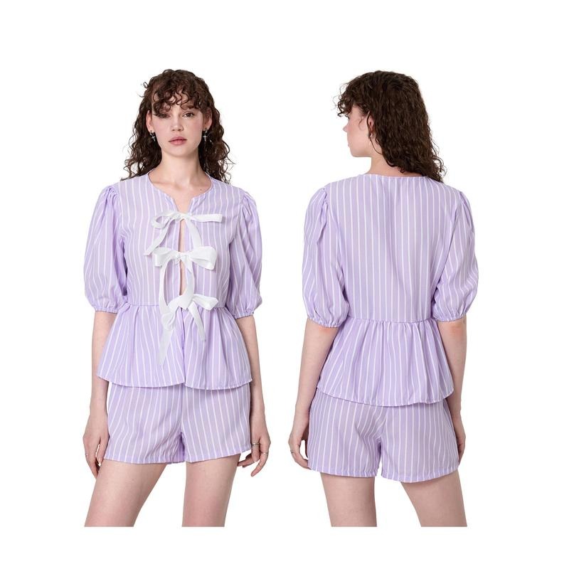 Women Shorts Set, Striped Short Sleeve Tie-up Shirt with Elastic Waist Shorts Summer Outfit Fashion Womenswear Hoodie,...