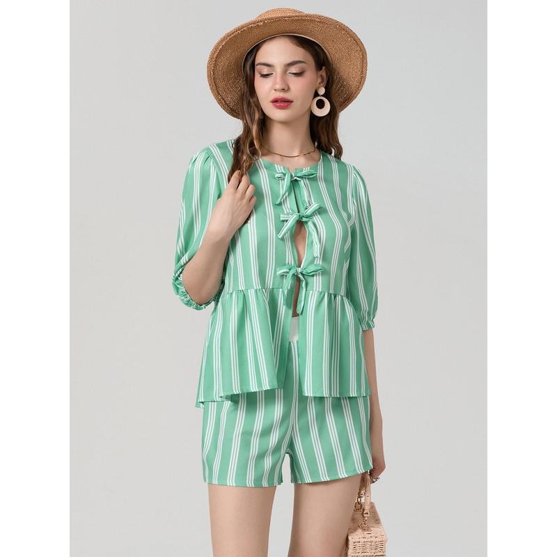 Women Shorts Set, Striped Short Sleeve Tie-up T-shirt with Elastic Waist Shorts Summer Outfit Fashion Womenswear Gorgeous...