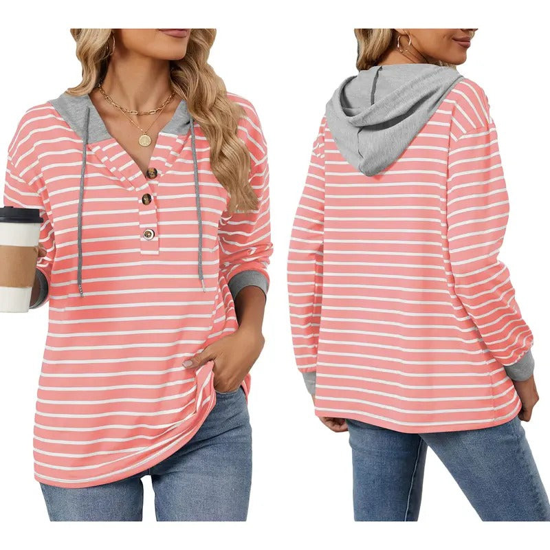 Women Striped Hoodie Contrast Color Half Button-Up Long Sleeve Fall Pullover Sweatshirt T-Shirts | HypeDripTees.com