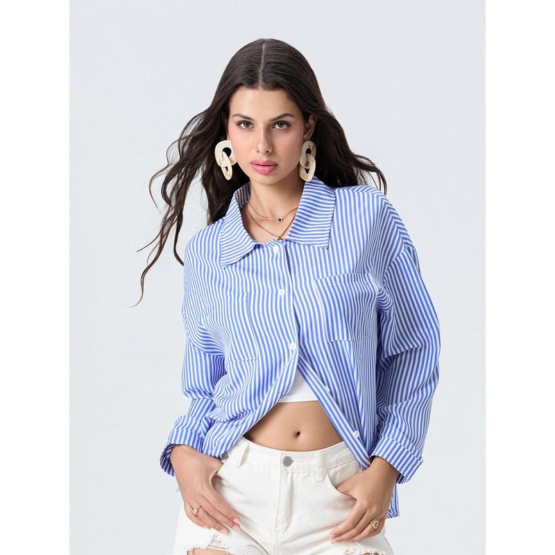 Women Striped Shirt, Long Sleeve Shirt Button-down Elegant Blouse Fall Tops with Pockets Casual Collar Hoodie, Sweatshirt