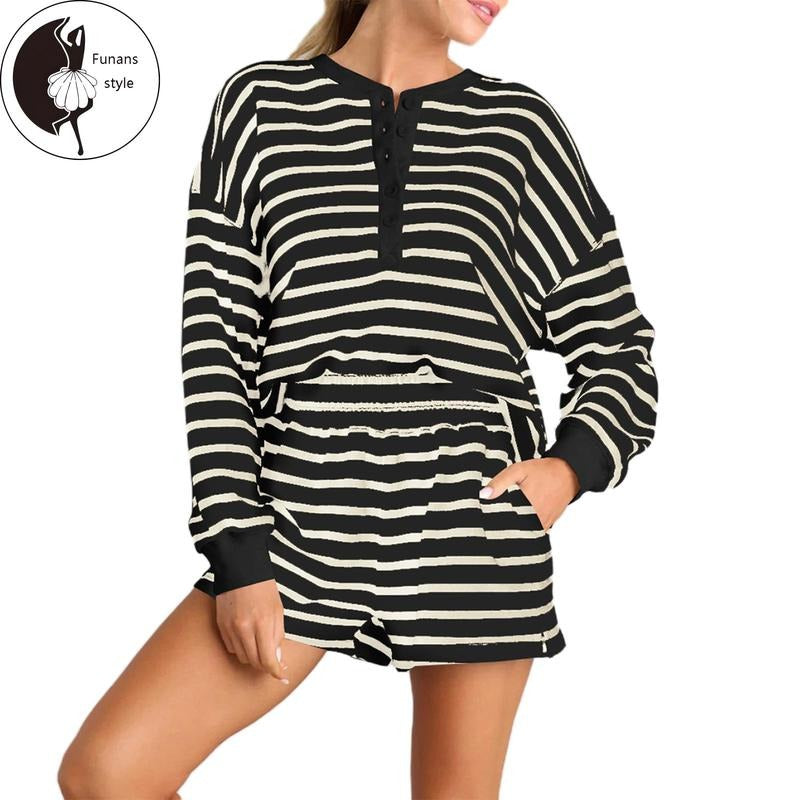 Women Striped Shorts Set, Long Sleeve T-shirt with Elastic Waist Shorts Summer Outfit Hoodie, Sweatshirt | HypeDripTees.com