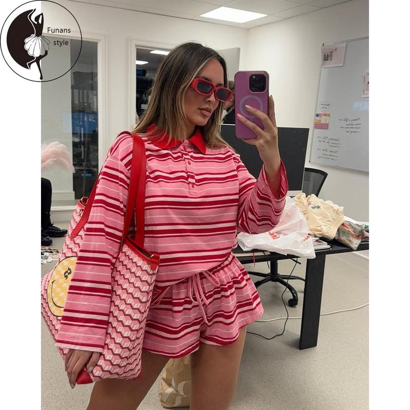 Women Summer Set Long Sleeve Turn-down Collar T-shirt + Elastic Waist Shorts Striped Outfit Hoodie, Sweatshirt