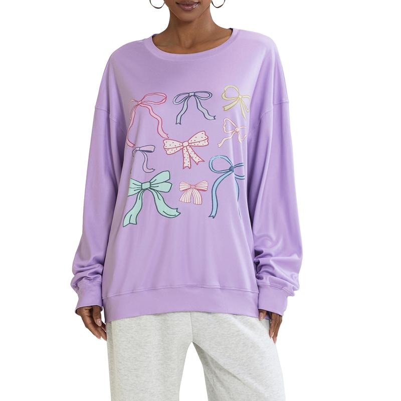 Women Sweatshirt, Long Sleeve Crew Neck Bowknot Print Hoodie Pullover Casual Tops T-Shirts | HypeDripTees.com