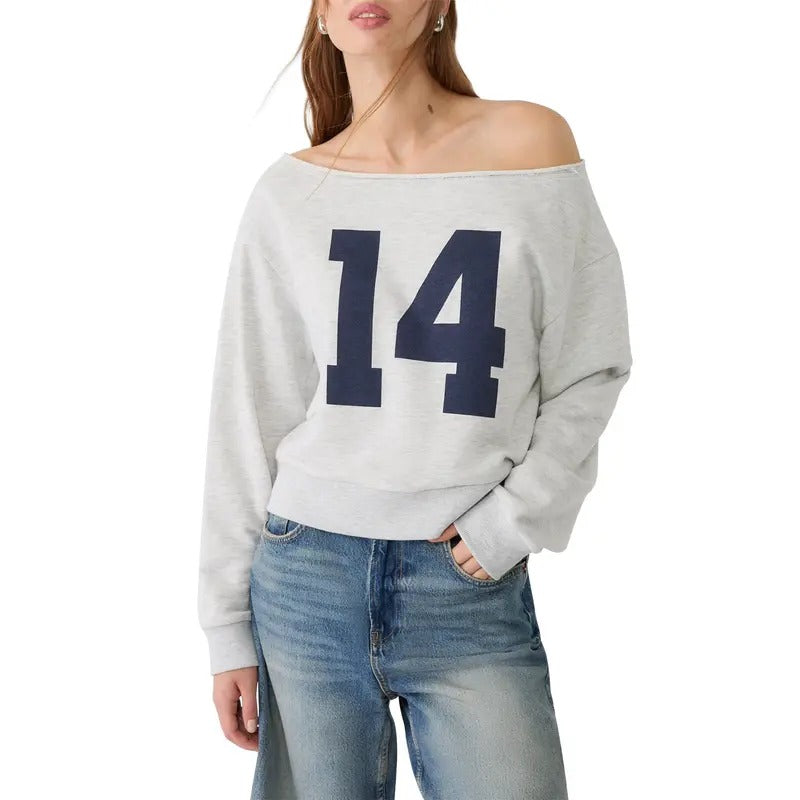 Women Sweatshirt, Long Sleeve Oblique Neck Numbers Print Hoodie Pullover Casual Tops T-Shirts | HypeDripTees.com