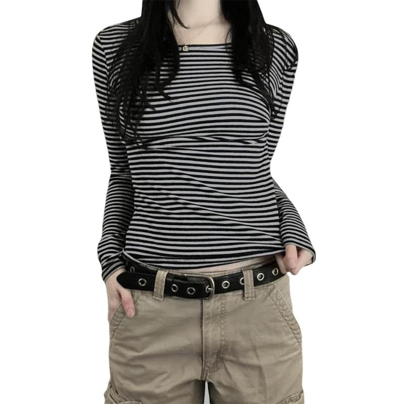 Women T-shirt Long Sleeve Crew Neck Striped Fall Slim Fit Ladies Tops for Casual Daily Womenswear Light Polyester...