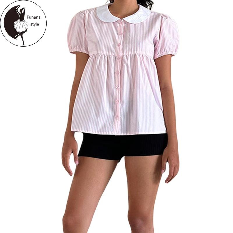 Women T-shirt, Elegant Short Sleeve Doll Collar Button-down Summer Striped Tops Streetwear Hoodie, Sweatshirt