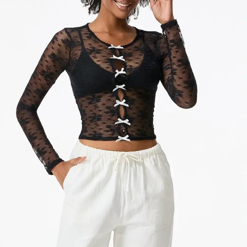 Women T-shirt, Long Sleeve Crew Neck Bows Hollowed See-through Lace TopsClubwear Hoodie, Sweatshirt | HypeDripTees.com