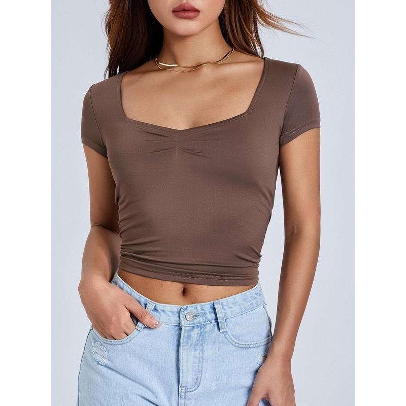 Women T-shirt, Low-cut Short Sleeve Pleated Solid Slim Fit Summer Tops for Casual Daily Light Womenswear Hoodie, Sweatshirt