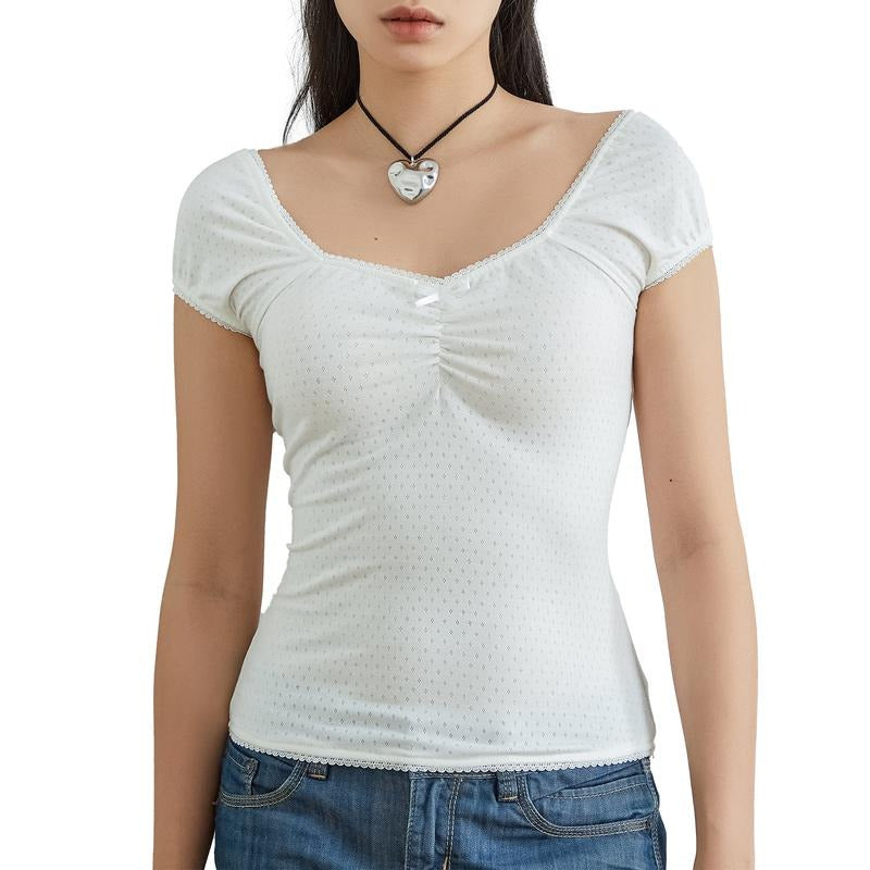 Women T-shirt, Short Sleeve Bowknot Hollowed Slim Fit Summer Tops Streetwear for Casual Daily Womenswear Comfy Hoodie,...
