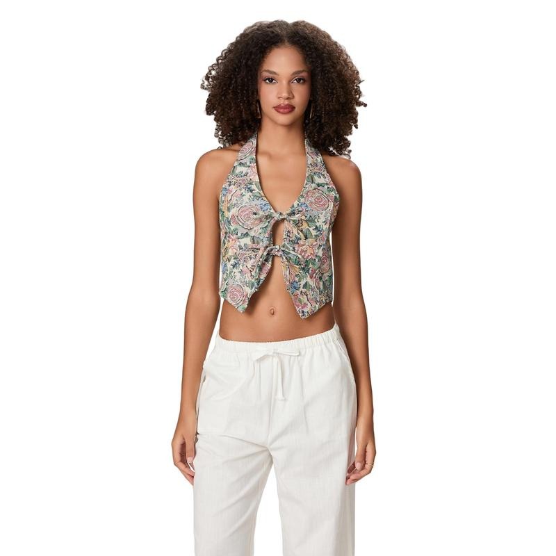 Women Tie Front Halter Tops Summer Retro Floral Print Backless Shirts Sleeveless Vest for Streetwear Aesthetic Clothes...