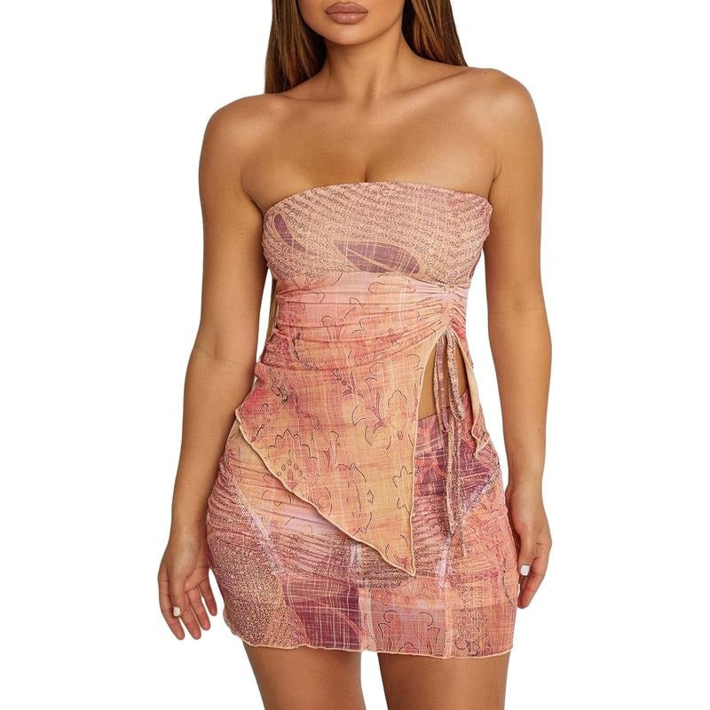 Women Tops Skirt Suit, Sleeveless Wrap-Chest Split Vest Shirt + Summer Casual Short Skirt Outfit Spring Womenswear...