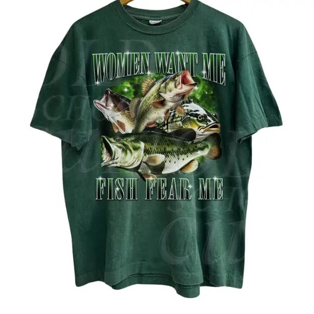 Women Want Me Fish Fear Me Vintage Graphic T-shirts, Retro Bass Fisher Tshirt, Fishing Lovers Gift, Dad Jokes Shirts,...