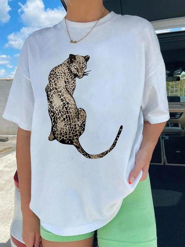 Women's   Animal  Print Round Neck Tee, Casual Short Sleeve Crew Neck T-shirt for Summer, Fashion Women's Top for Daily...