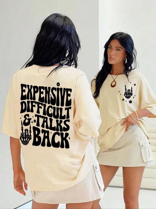 Women's " Expensive Difficult and Talks Back" Slogan Print Skeleton Hand Graphic Round Neck Tee, Back To School Outfits,...