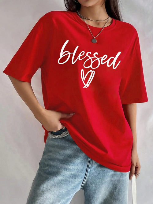 Women's "BLESSED" Letter & Heart Print Round Neck Tee, Vintage Trendy Casual Drop Shoulder Half Sleeve T-shirt for Daily...