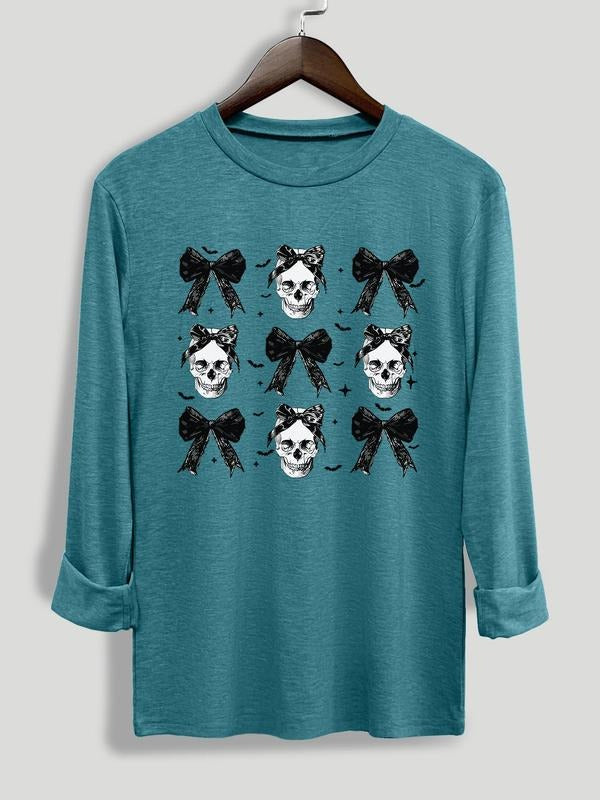 Women's  Cartoon Skull & Bow Print Round Neck Tee, Casual Long Sleeve Crew Neck T-shirt for Daily Wear, Women's Clothing...
