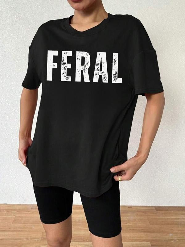 Women's "Feral" Letter Print Round Neck Tee, Casual Comfy Short Sleeve T-shirt for Daily Wear, Ladies Clothes for All...